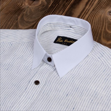 White linen mandarin-collar shirt with blue stripes - 1923 Buccanoy Shirt white blue linen - Pike Brothers