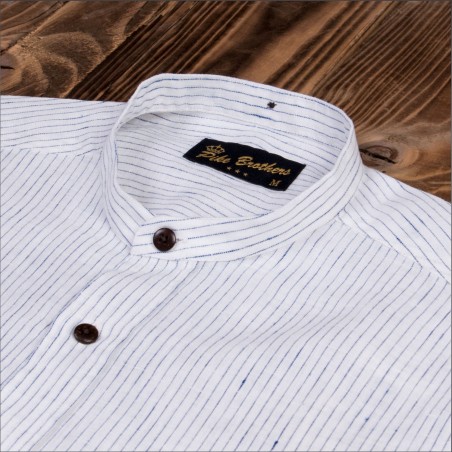 White linen mandarin-collar shirt with blue stripes - 1923 Buccanoy Shirt white blue linen - Pike Brothers