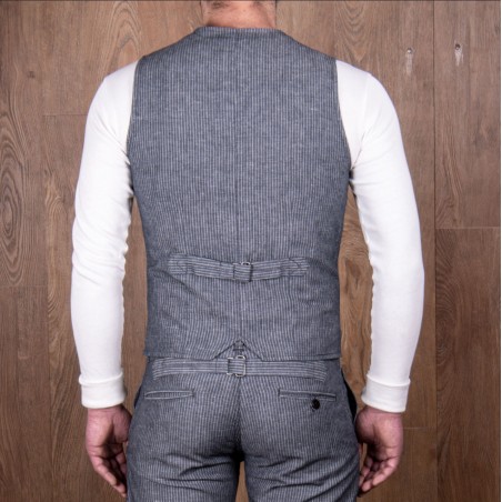 Summer cotton/linen waistcoat with grey stripes - 1905 Hauler Vest grey striped linen Pike Brothers