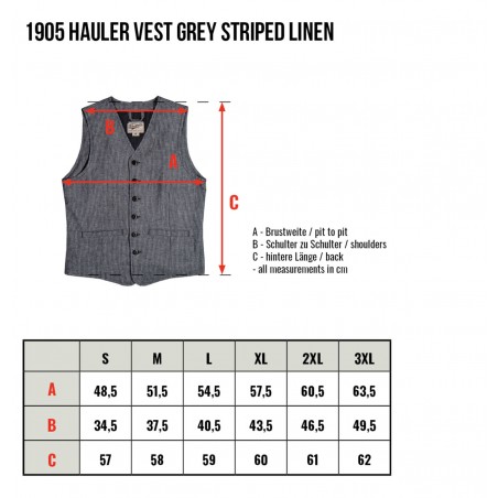 Summer cotton/linen waistcoat with grey stripes - 1905 Hauler Vest grey striped linen Pike Brothers