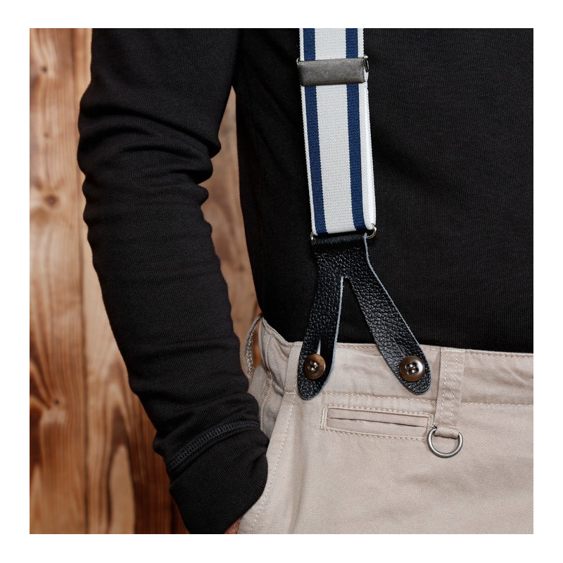 Blue leather buttonhole suspenders