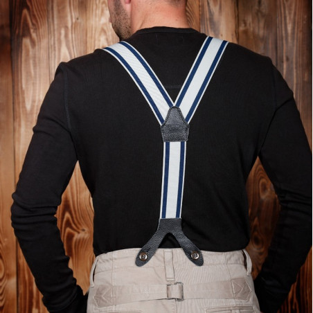 Leren bretels met knoopsgat blauw