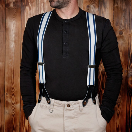 Leren bretels met knoopsgat blauw