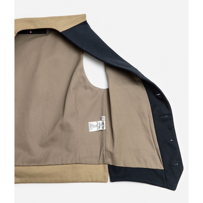 HET GILET «AUGUSTE» MARINEBLAUW RUG LICHTKHAKI...