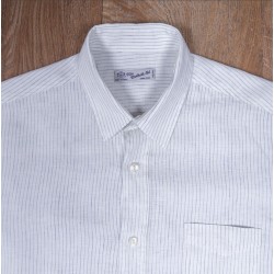 Classic collar shirt 100% white linen with blue stripes -...