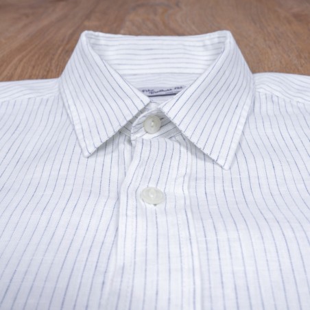 Hemd klassischer Kragen 100 % Leinen weiß mit blauen Streifen - 1947 Albatros Shirt white blue linen - Pike Brothers