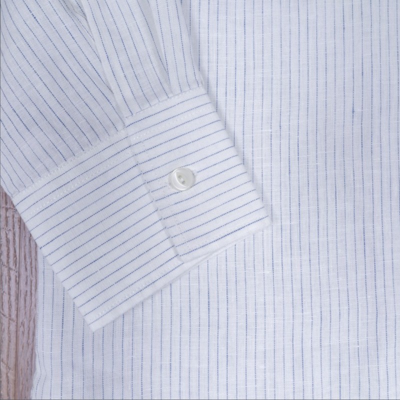 Classic collar shirt 100% white linen with blue...