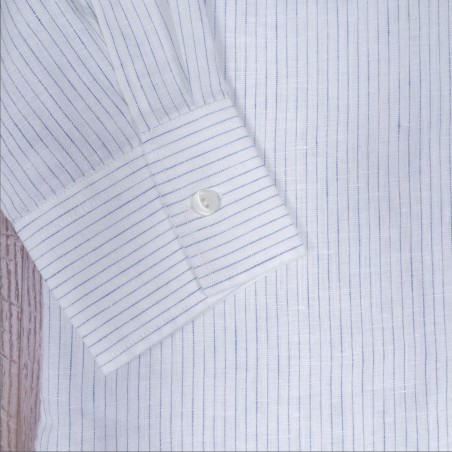 Overhemd klassieke kraag 100% linnen wit met blauwe strepen - 1947 Albatros Shirt white blue linen - Pike Brothers