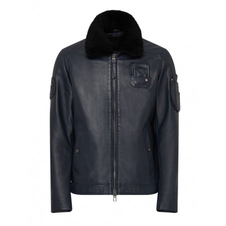 Dark Navy Blue Leather Flight Crew Pilot Jacket JET FRENCH ATLAS Dark Navy - French Air Force