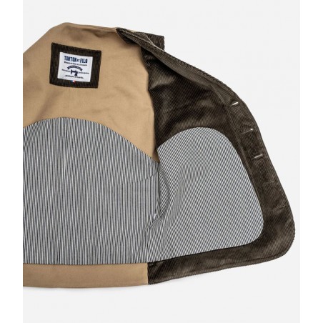HET GILET «RAOUL» BRUIN VELOURS EN LICHTKHAKI CANVAS - Tonton et Fils