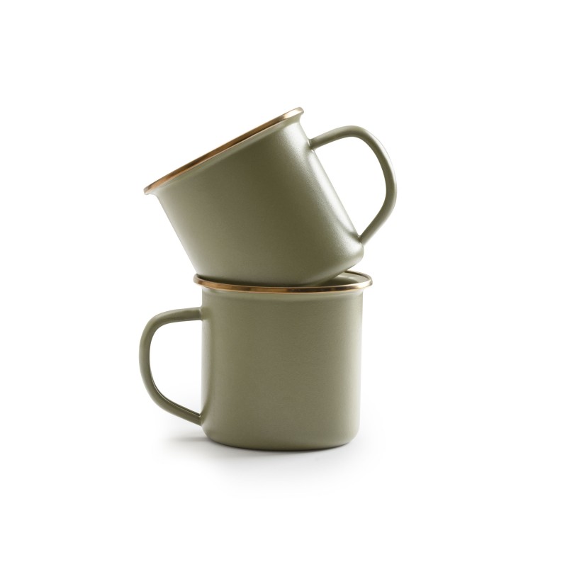 Set of 2 Enamel Steel Mugs Olive Colour -...