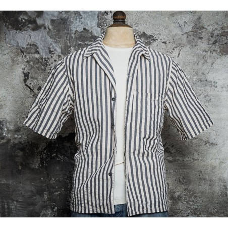 SHORT-SLEEVE SHIRT 50'S NATURAL/ BLACK STRIPED - Fleurs de Bagne