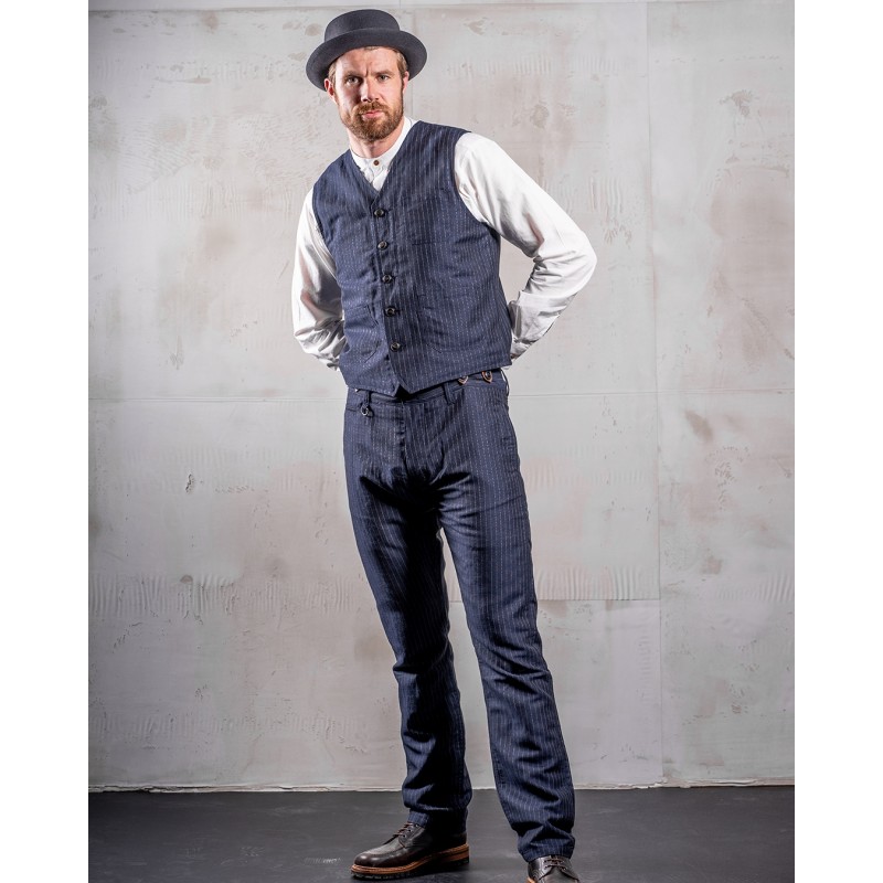 Blue wool/linen summer waistcoat with grey...