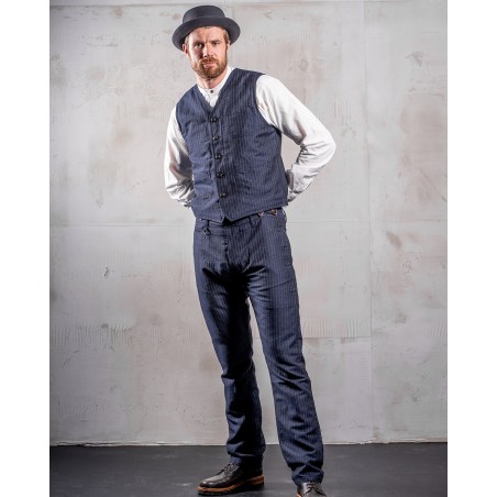 Blue wool/linen summer waistcoat with grey stripes - 1937 Roamer Vest Chicago Blue Pike Brothers