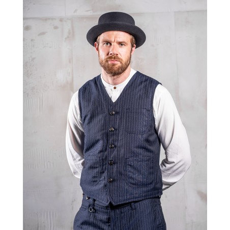 Zomervest blauw wol/linnen met grijze strepen - 1937 Roamer Vest Chicago Blue Pike Brothers