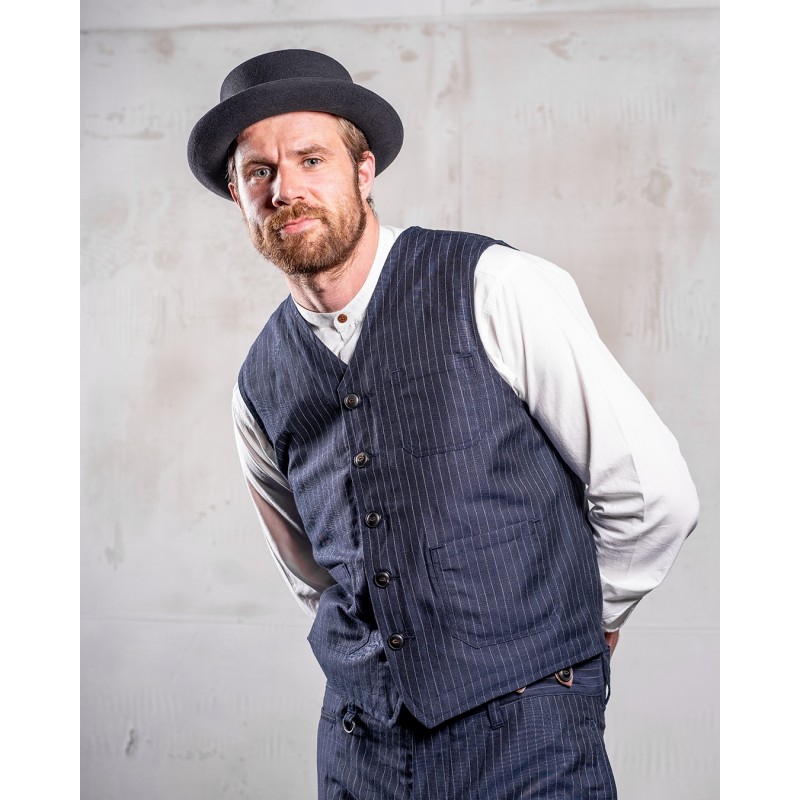 Blue wool/linen summer waistcoat with grey...