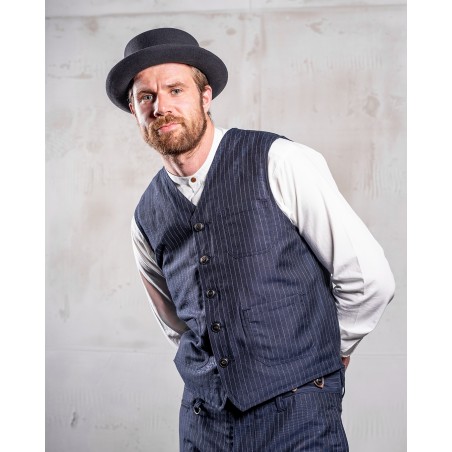 Blue wool/linen summer waistcoat with grey stripes - 1937 Roamer Vest Chicago Blue Pike Brothers