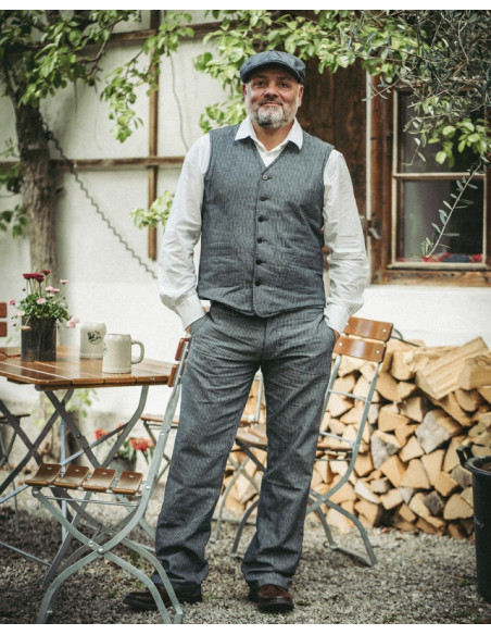 Summer cotton/linen waistcoat with grey stripes - 1905 Hauler Vest grey striped linen Pike Brothers