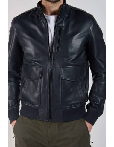 Blouson Pilote Cuir FURTIF NAPOLI Bleu-...