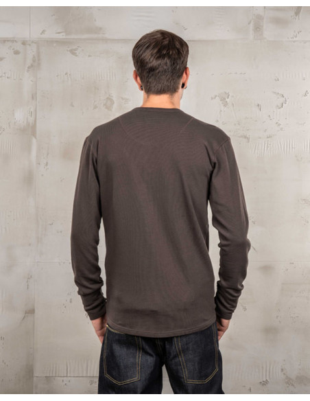 Long-Sleeve Henley Button-Neck T-Shirt Coffee - 1954 Utility Shirt Long Sleeve Coffee - Pike Brothers