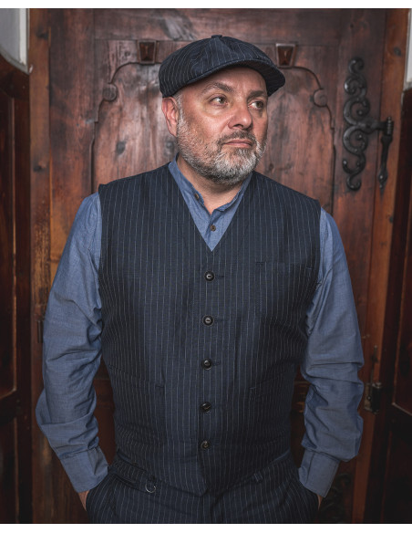 Blue wool/linen summer waistcoat with grey stripes - 1937 Roamer Vest Chicago Blue Pike Brothers