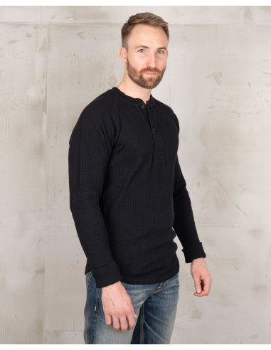 BLACK WAFFLE HENLEY T-SHIRT - 1936 WAFFLE SHIRT...
