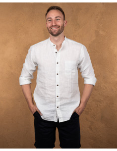 Chemise col mao 100% lin blanche à lignes bleues - 1923...