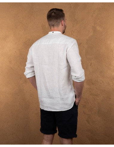 White linen mandarin-collar shirt with blue...