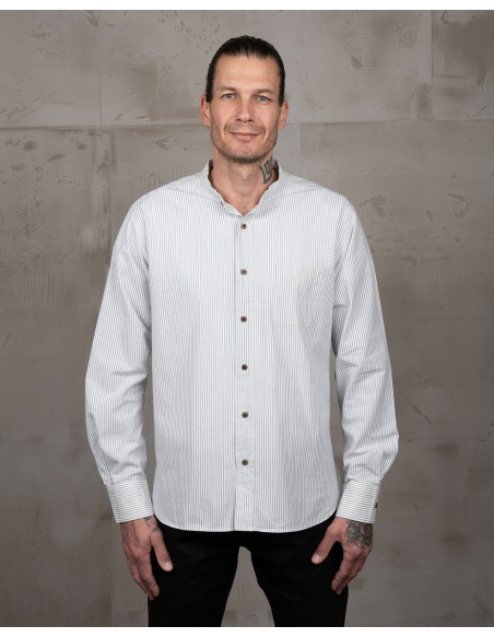 Hemd mit Stehkragen 100% Leinen weiß mit blauen Streifen - 1923 Buccanoy Shirt white blue linen - Pike Brothers