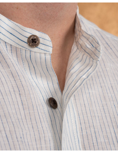 White linen mandarin-collar shirt with blue...