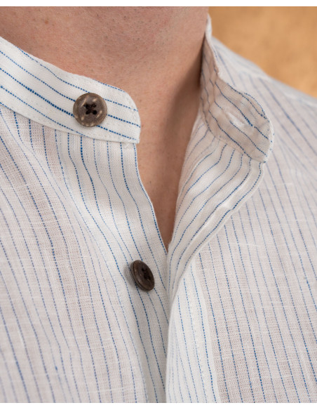 White linen mandarin-collar shirt with blue stripes - 1923 Buccanoy Shirt white blue linen - Pike Brothers