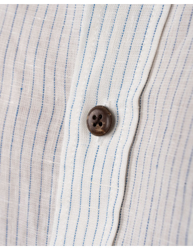 White linen mandarin-collar shirt with blue...