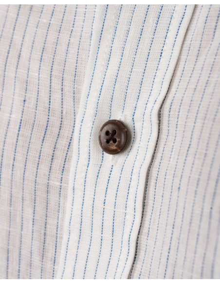 White linen mandarin-collar shirt with blue stripes - 1923 Buccanoy Shirt white blue linen - Pike Brothers