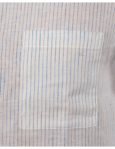 White linen mandarin-collar shirt with blue...