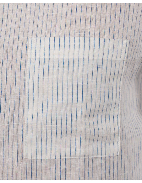 Overhemd met staande kraag 100% linnen wit met blauwe strepen - 1923 Buccanoy Shirt white blue linen - Pike Brothers