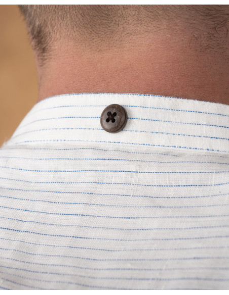 White linen mandarin-collar shirt with blue stripes - 1923 Buccanoy Shirt white blue linen - Pike Brothers