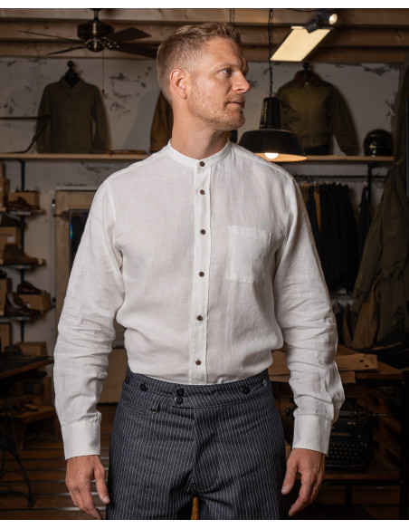 Chemise col mao 100% lin blanche - 1923 Buccanoy Shirt linen ecru Pike Brothers