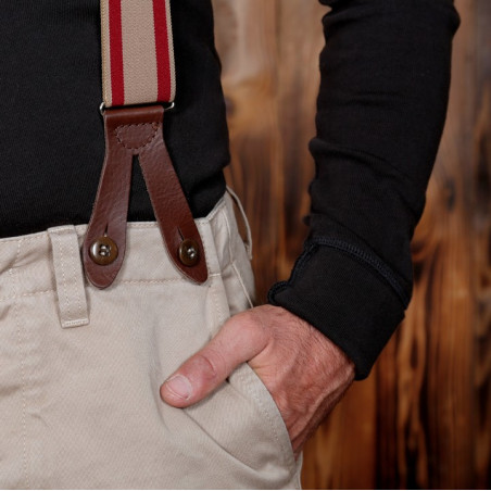 Red leather buttonhole suspenders
