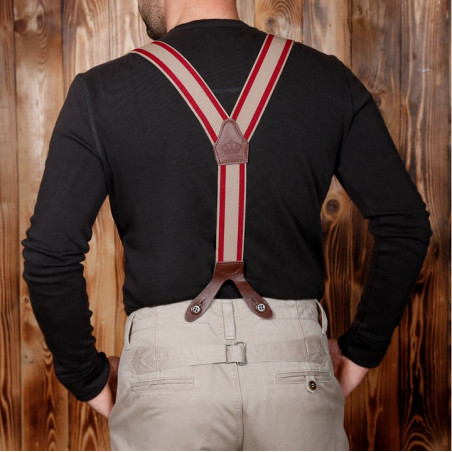Rode leren bretels met knoopsgat