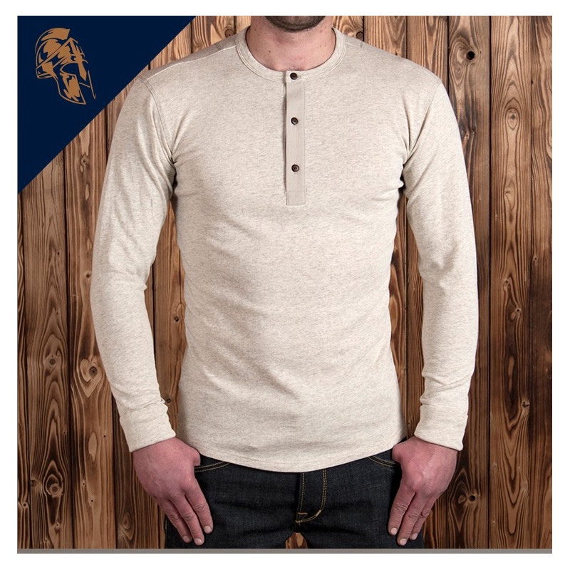 Ecru marl long-sleeve Henley T-shirt with button placket - Pike Brothers 1927 Henley Long Sleeve