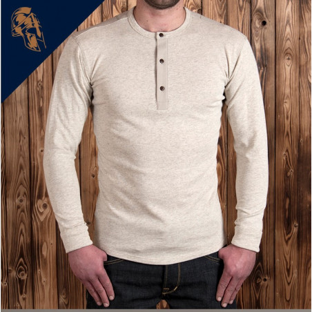 Ecru marl long-sleeve Henley T-shirt with button placket - Pike Brothers 1927 Henley Long Sleeve