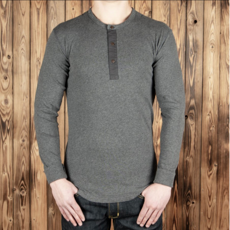 Grau meliertes Henley-T-Shirt mit Knopfleiste und langen Ärmeln – Pike Brothers 1927 Henley long Sleeve grey melange