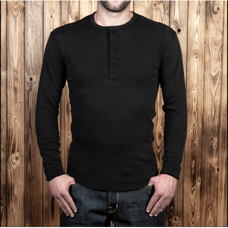 T-shirt henley US 100% coton à manches longues noir- Pike Brothers 1954 Utility Shirt Long Sleeve faded black