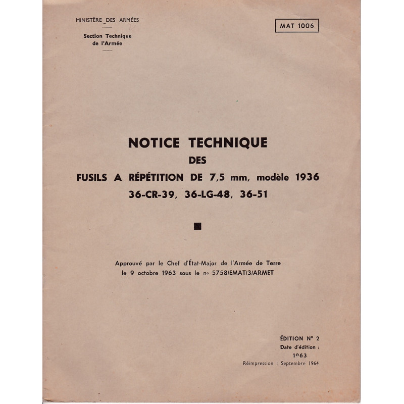 MAT 1006 TECHNICAL NOTICE FOR 7.5MM REPEATING RIFLES MODEL 1936 36-CR-39  36-LG-48  36-51