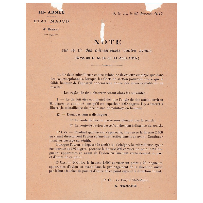 Etude du Tir Contre Objectifs Aeriens - Rapport Confidentiel 1917